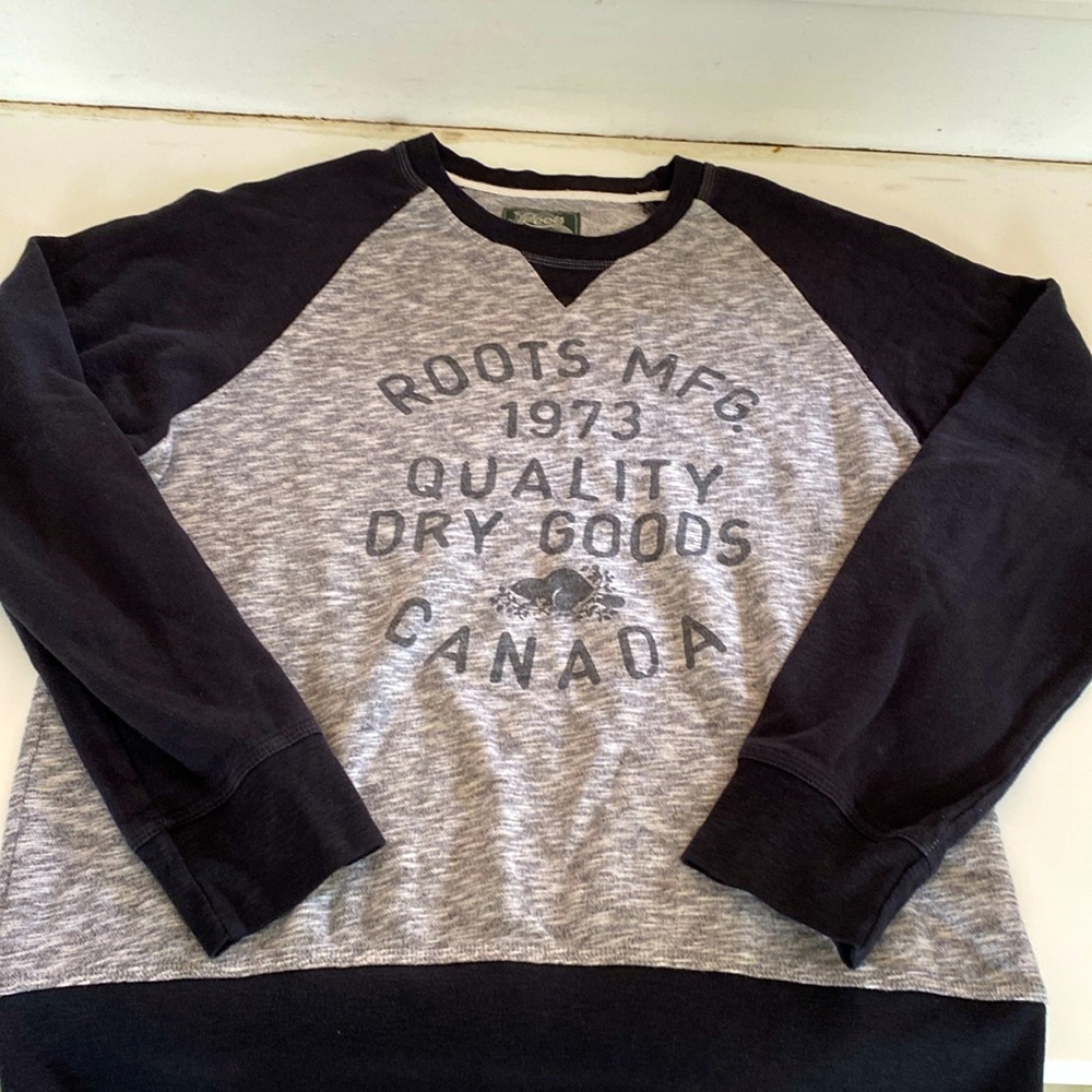 Roots Black and Gray Crew Neck Sweater with Vintage Print